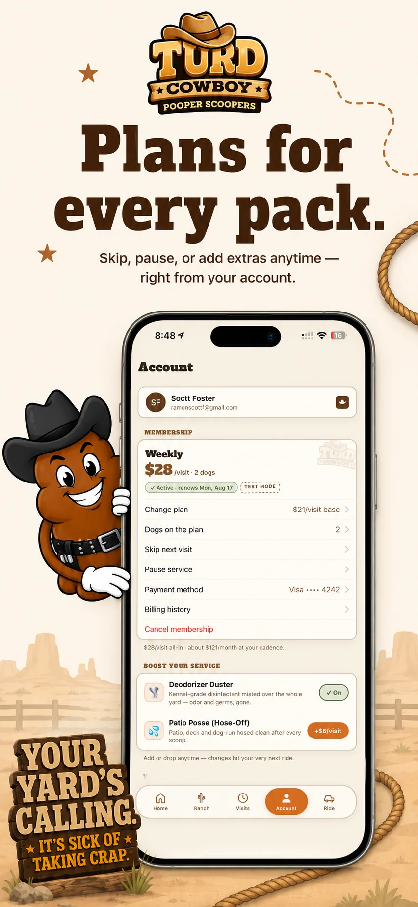Account tab — skip, pause, change plans