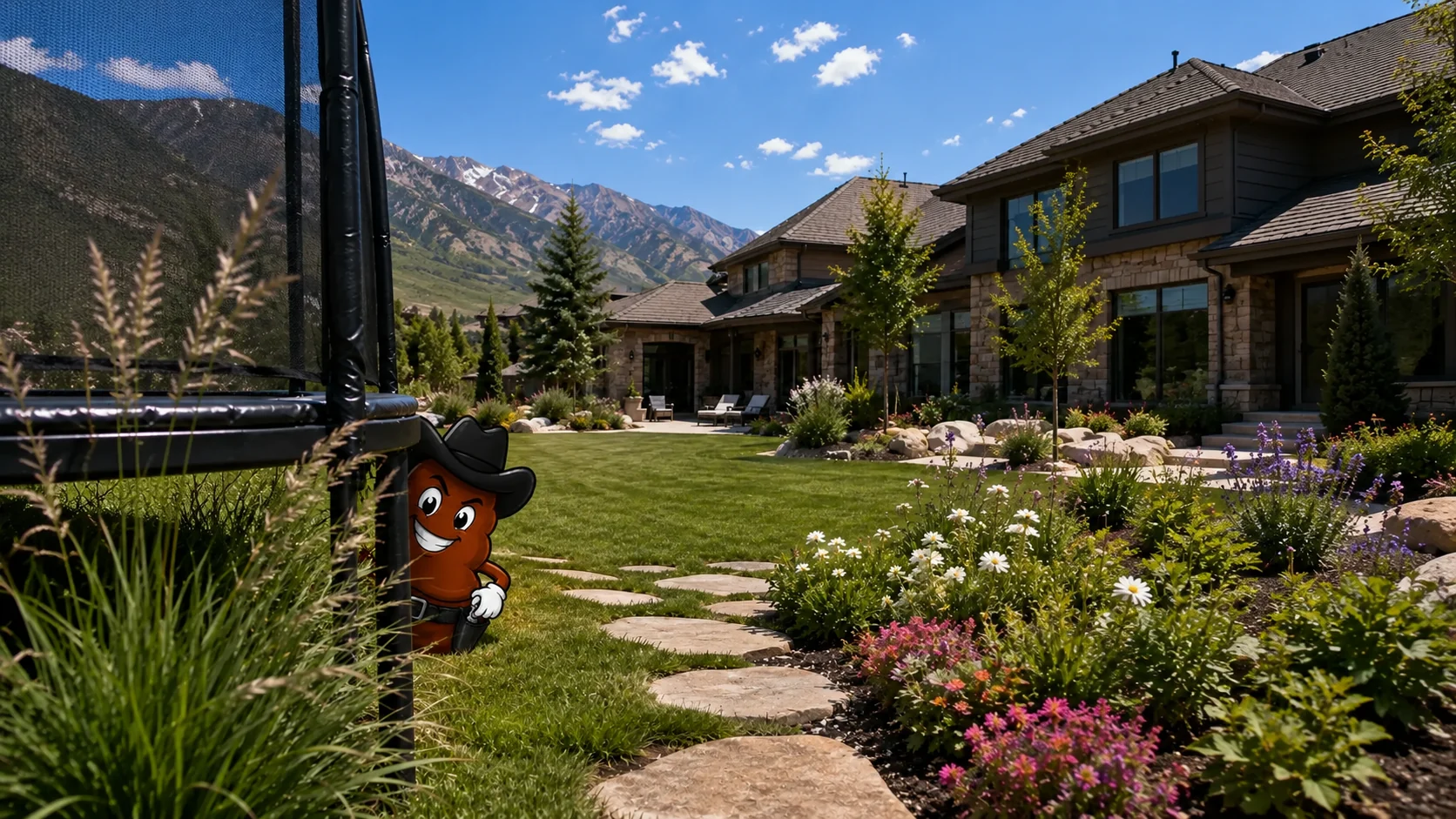 Billy the Turd lurking by the trampoline in a Utah backyard