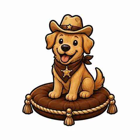 Golden retriever in a cowboy hat on a cushion