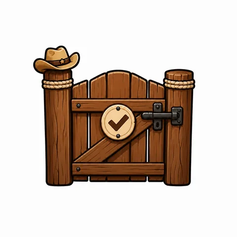 Latched wooden gate with a check badge