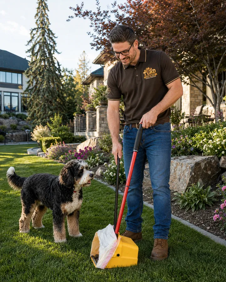 The Turd Cowboy scooping while Winnie the bernedoodle inspects the work
