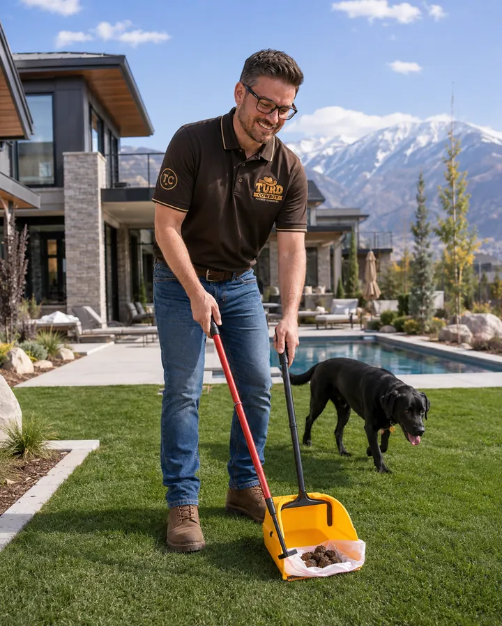 The Turd Cowboy clearing a Davis County backyard while Duke the black lab supervises