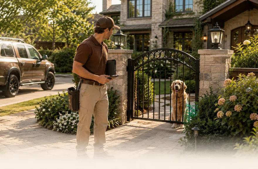 Tech arriving at the gate while the dog waits safely inside