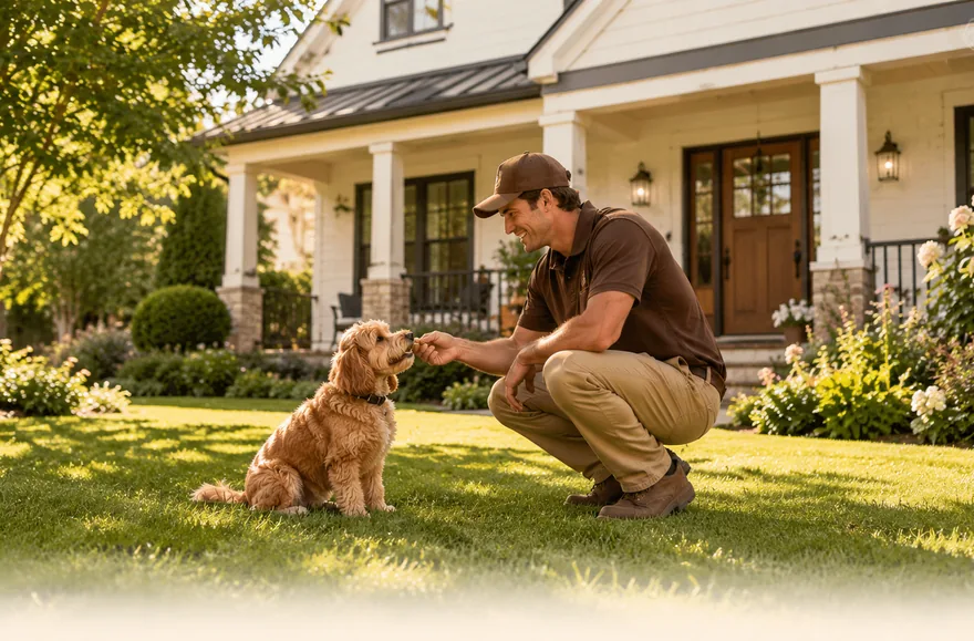 Tech and a young deputy sharing a moment on the front lawn