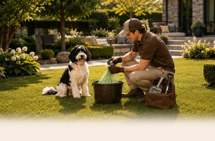 Tech sealing a fresh waste bag while the dog supervises