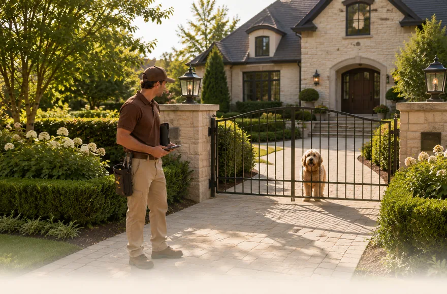 Tech double-checking the yard from the front gate