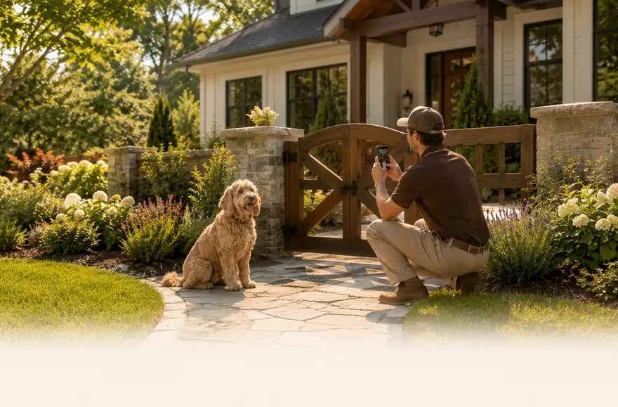 Turd Cowboy tech photographing a happy dog at the client gate