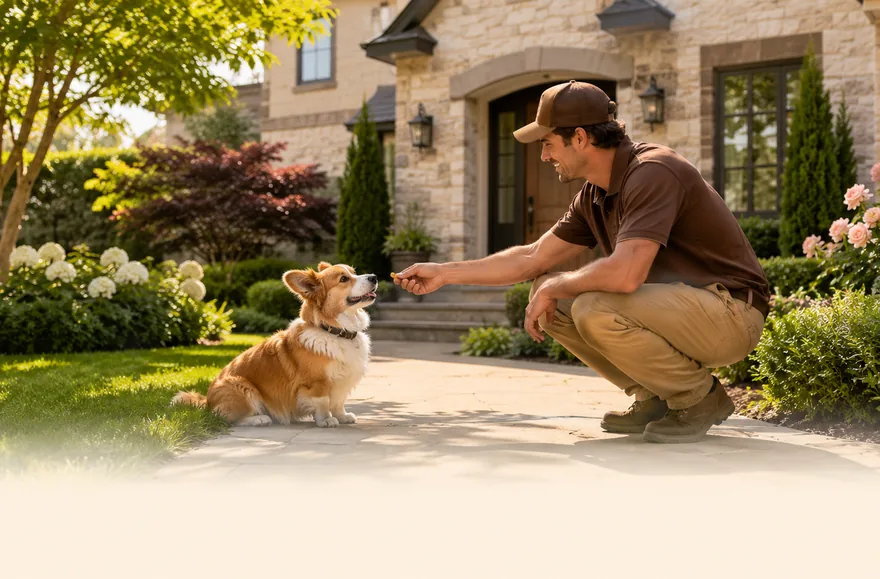 Tech handing a treat to a very good corgi