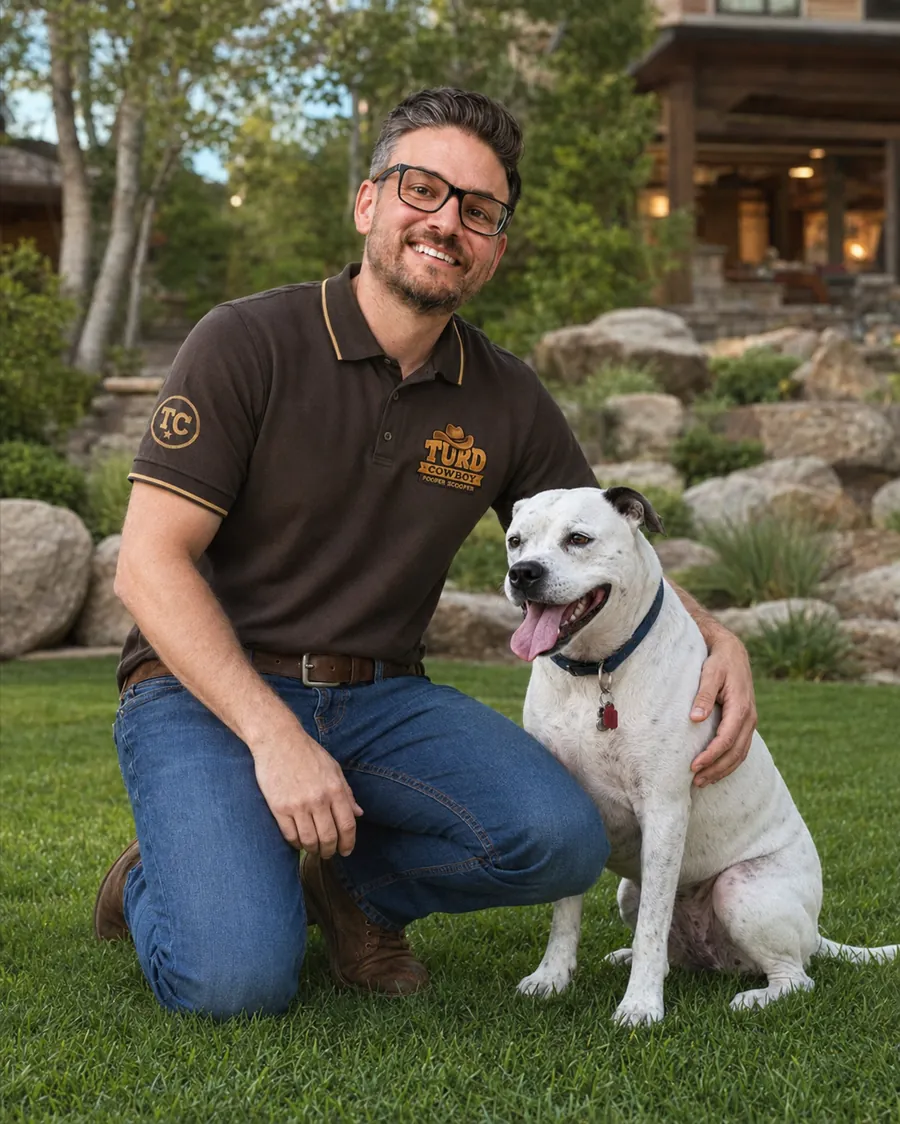 Scott and Zoey, the founders of Turd Cowboy, in a Farmington backyard